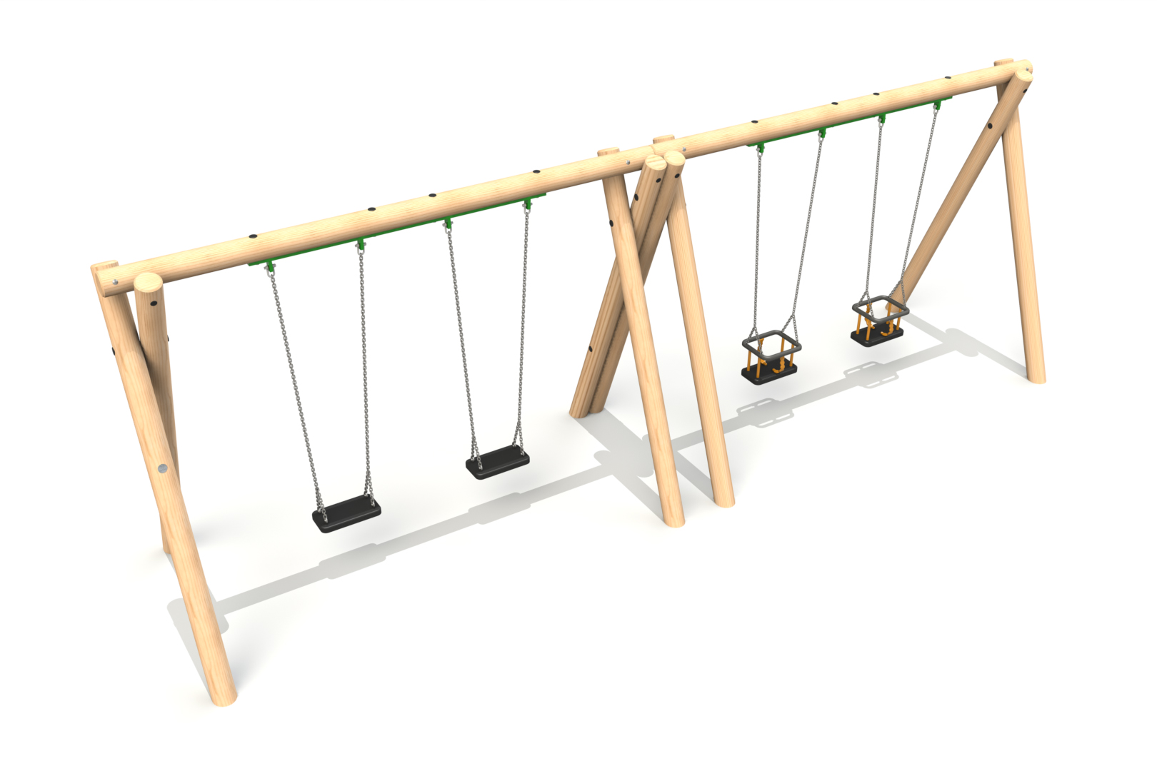 Double Bay Timber Swing Frame - 2 no. Flat Swings and 2 no. Cradle Swing Seats.