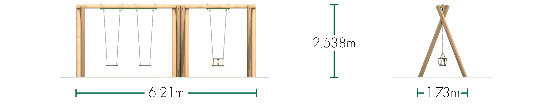 Double Timber Bay Swing - 2 no. Flat Swings and 1 no. Cradle Swing (2.4m)