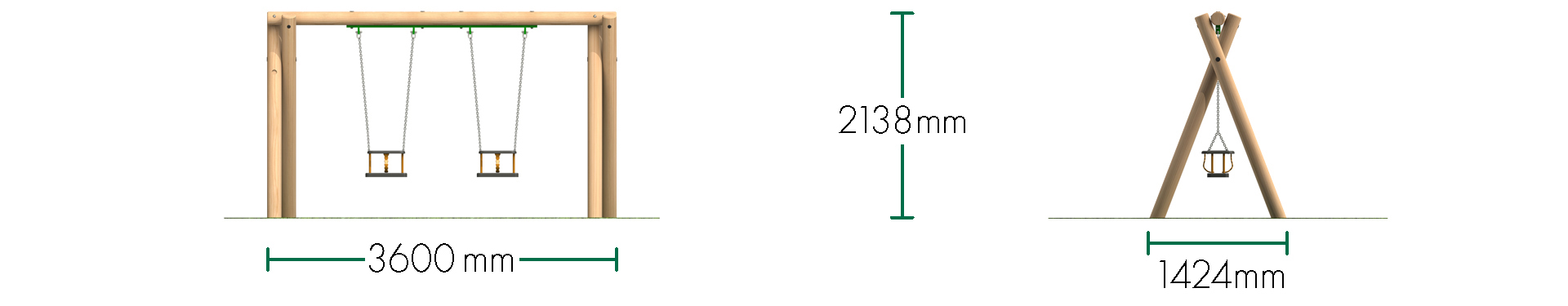 Single Bay Timber Swing - 2 no. Cradle Seats (2m)